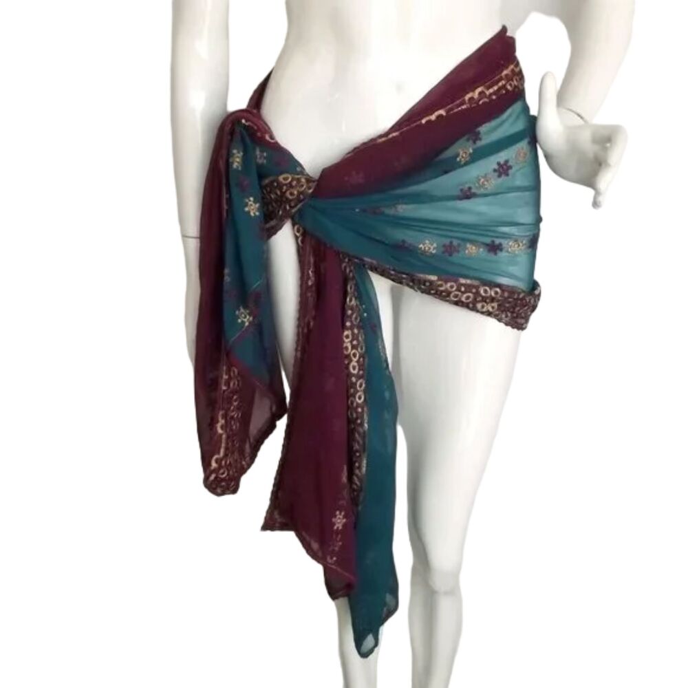 Large Scarf/Wrap, 74x34, Teal/Berry, Embroidered, Lightweight, Cover-up - Picture 2 of 7